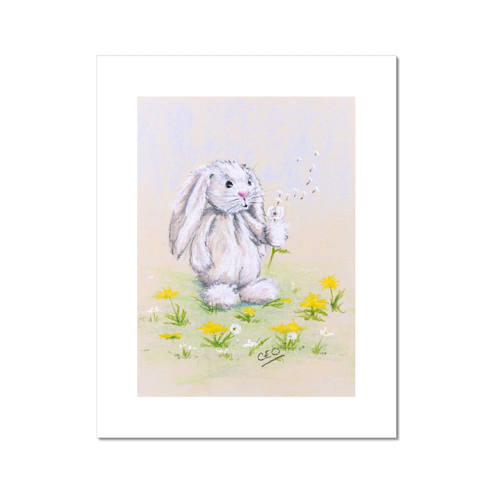 White rabbit, dandelion seeds and flowers artwork print.