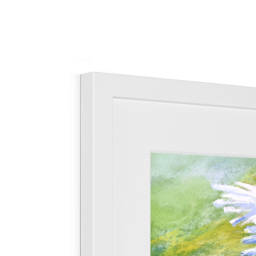 Daisy Flowers in the Sunshine, fine art print. Close up of top corner detail and the white frame and white mount.