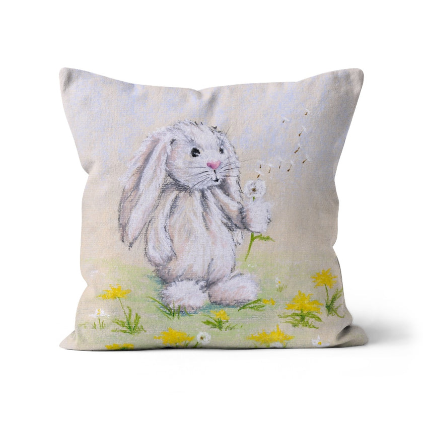 Rabbit and dandelion seed art sofa cushion. Square shape